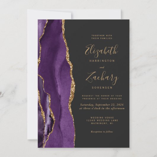Invitation QR Code Purple Gold Agate Dark Mariage (Devant)