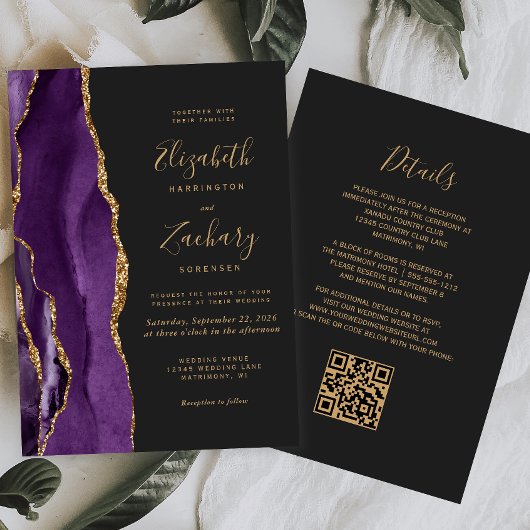 Invitation QR Code Purple Gold Agate Dark Mariage