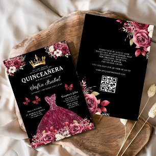 Invitation QR Code Quinceanera Floral Burgundy Princesse