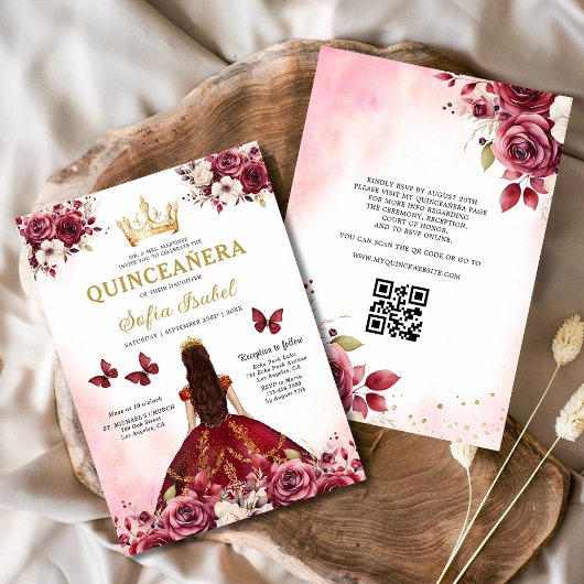 Invitation QR Code Quinceanera Floral Burgundy Princesse