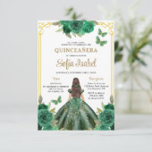 Invitation QR Code Quinceanera Floral Emerald Gold Vert (Debout devant)