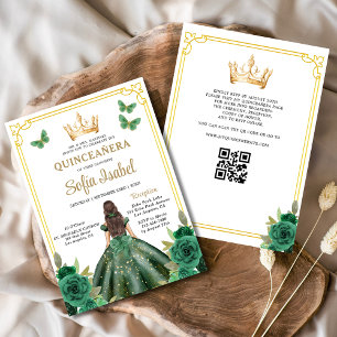 Invitation QR Code Quinceanera Floral Emerald Gold Vert