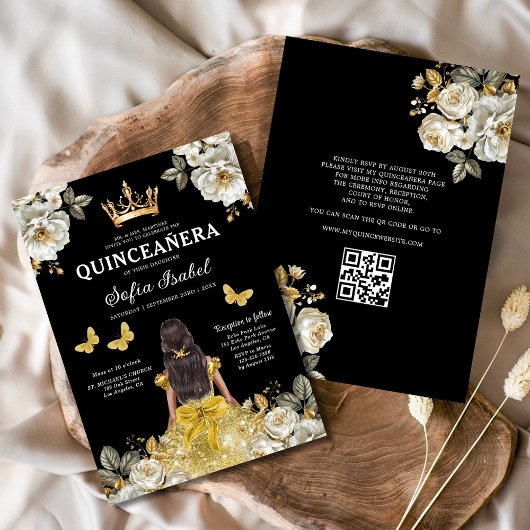 Invitation QR Code Quinceanera Floral Gold Princess