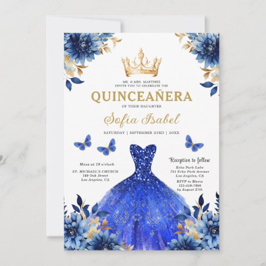 Invitation QR Code Quinceanera Floral Royal Blue Princess (Devant)