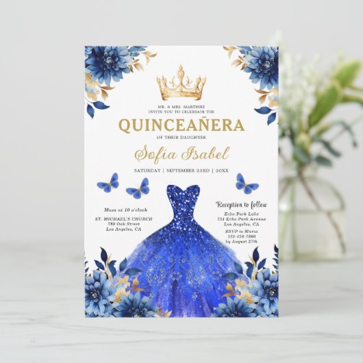 Invitation QR Code Quinceanera Floral Royal Blue Princess (Debout devant)