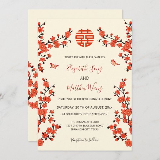 Invitation QR Code Red Cherry Blossom | Mariage chinois (Devant / Derrière)