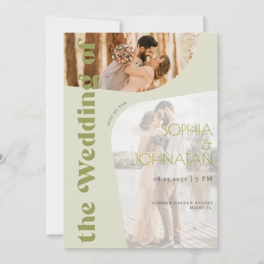 Invitation QR code rétro bold sage vert 2 PHOTO rsvp mariage (Devant)