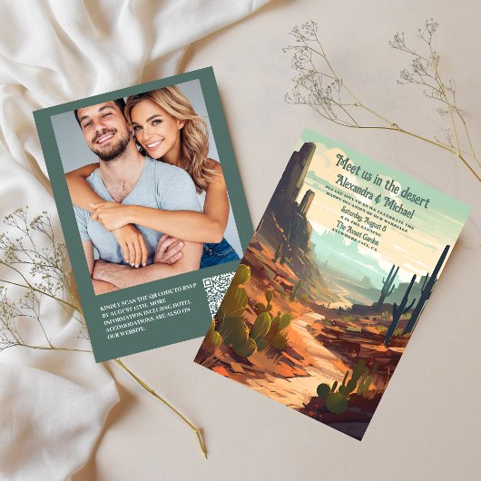 Invitation QR Code Retro Desert Cactus Mariage