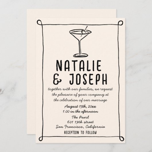 Invitation QR Code Retro Main dessinée Mariage de cocktail éc (Devant / Derrière)