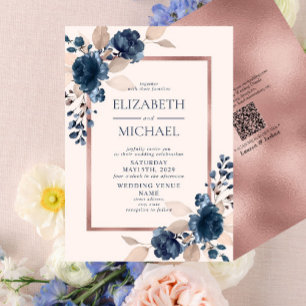 Invitation QR Code Rose or Marine bleu Dusty rose floral