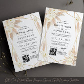 Invitation QR Code Roses blanches Pampas Mariage en or laiton