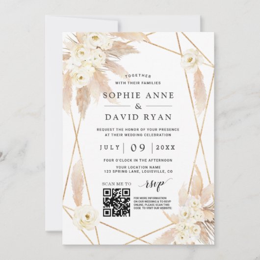 Invitation QR Code Roses blanches Pampas Mariage en or laiton (Devant)