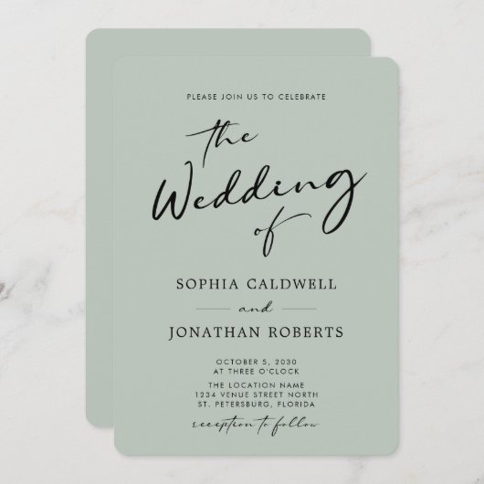 Invitation QR Code RSVP Chic Calligraphie Sage Mariage (Devant / Derrière)