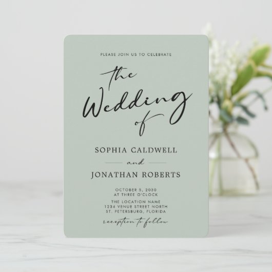 Invitation QR Code RSVP Chic Calligraphie Sage Mariage (Debout devant)