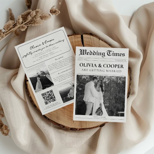 Invitation QR Code RSVP Détails Mariage de journal