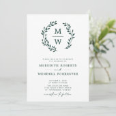 Invitation QR Code RSVP Emerald Green Monogram Mariage Wreath (Debout devant)