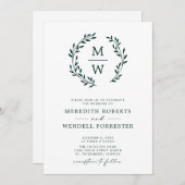 Invitation QR Code RSVP Emerald Green Monogram Mariage Wreath (Devant / Derrière)