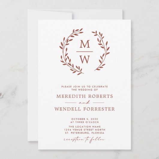 Invitation QR Code RSVP Terracotta Monogramme Mariage de cour (Devant)