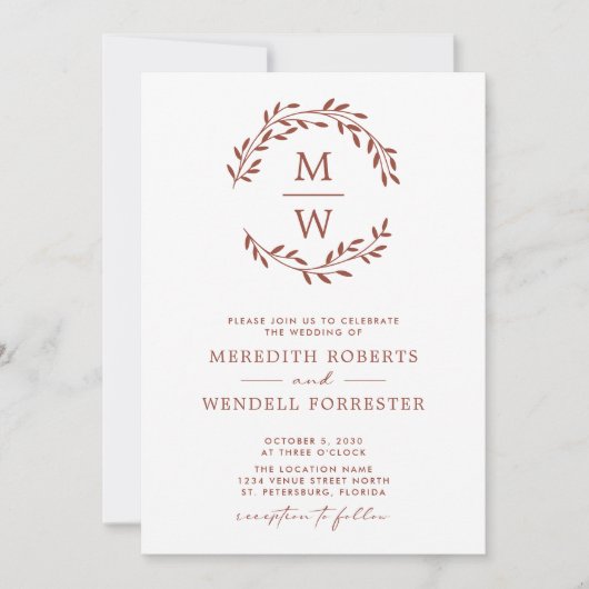 Invitation QR Code RSVP Terracotta Monogramme Mariage de cour (Devant)