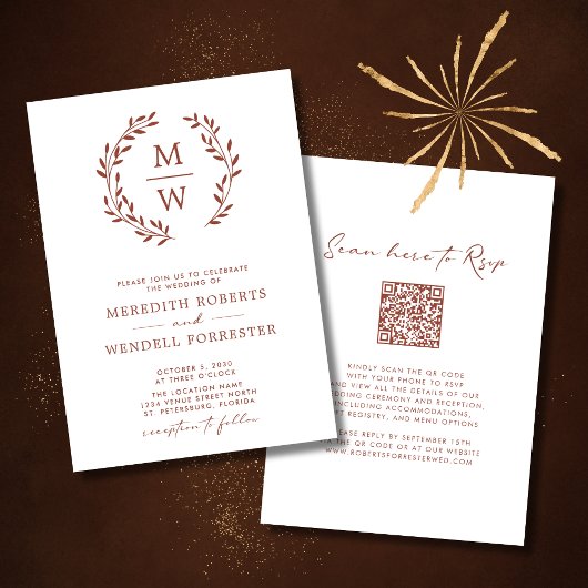 Invitation QR Code RSVP Terracotta Monogramme Mariage de cour
