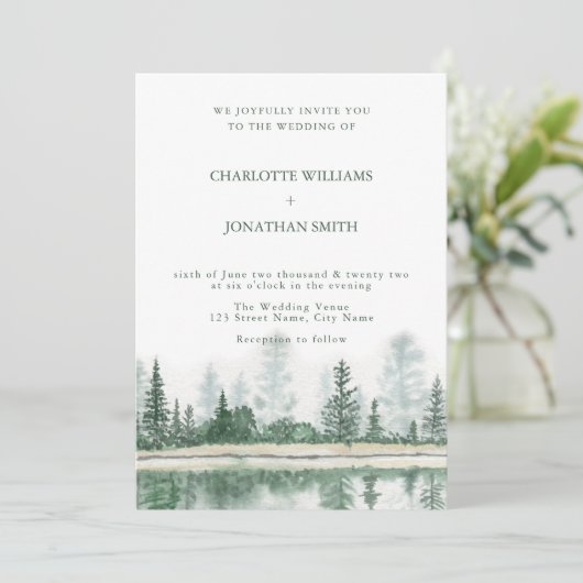 Invitation QR Code Rustic Mountain Forest Mariage d'aquarelle (Debout devant)