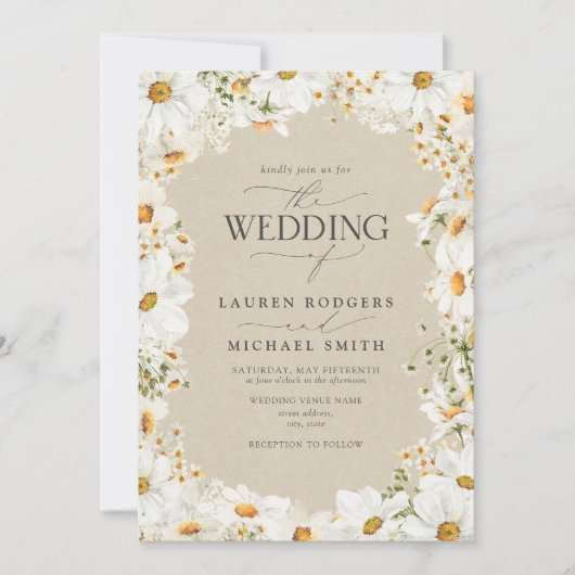 Invitation QR Code Rustique Aquarelle Mariage Fleurs margueri (Devant)