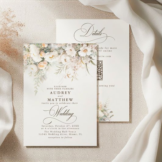 Invitation QR Code Rustique White Blooms Mariage