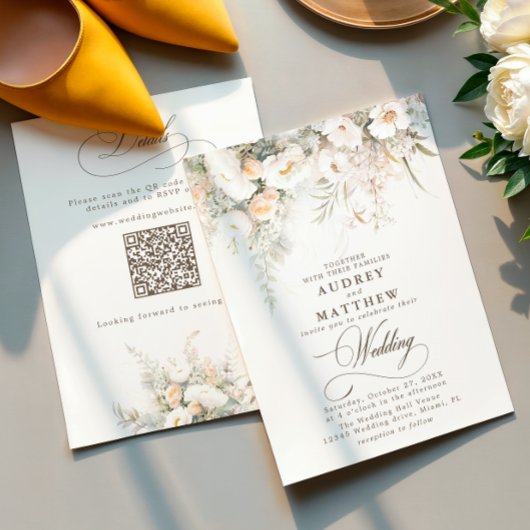 Invitation QR Code Rustique White Blooms Mariage