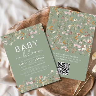 Invitation QR Code Sage Fleur sauvage vert bébé en fleurs dou
