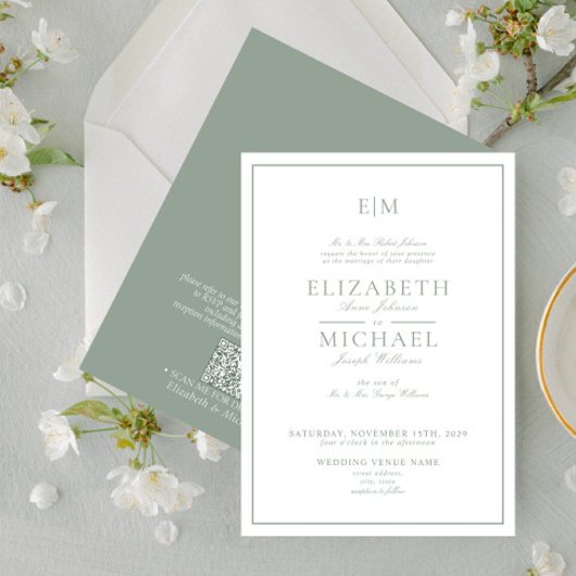 Invitation QR Code Sage Green Classic Script Monogramme Maria