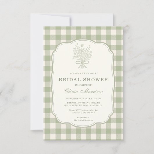 Invitation QR Code Sage Green Gingham Floral Bridal Shower (Devant)