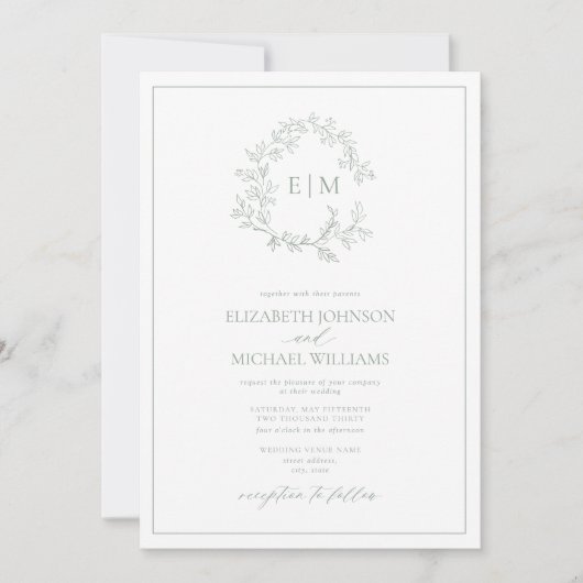 Invitation QR Code Sage Green Leafer Crest Monogram Mariage (Devant)