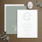 Invitation QR Code Sage Green Leafer Crest Monogram Mariage