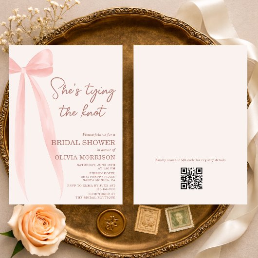 Invitation QR Code She's Tying the Knot Bow Bridal Shower