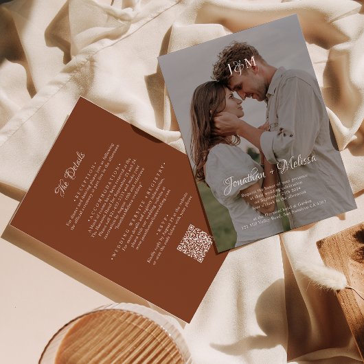 Invitation QR Code Terracotta Budget Monogram Overlay Mariage