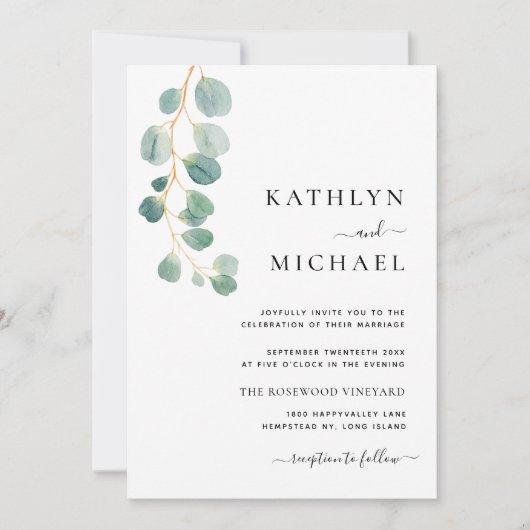 Invitation QR Code tout en un Mariage vert Eucalyptus moderne (Devant)