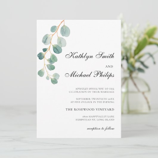 Invitation QR Code tout en un Mariage vert Eucalyptus moderne (Debout devant)