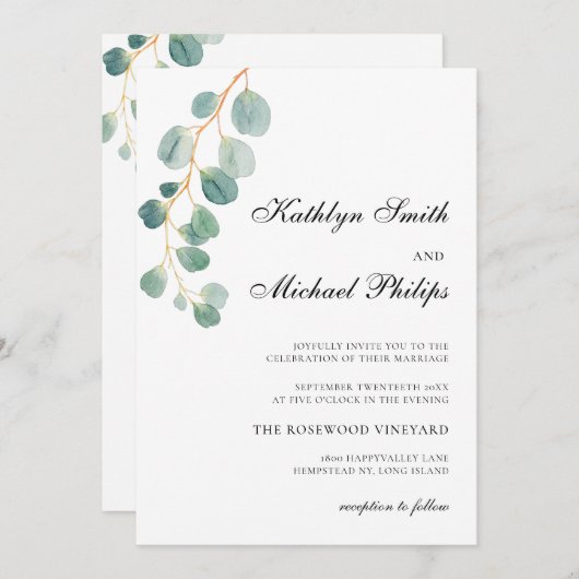 Invitation QR Code tout en un Mariage vert Eucalyptus moderne (Devant / Derrière)