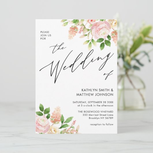 Invitation QR Code Tout en un rose rose Mariage de verdure (Debout devant)