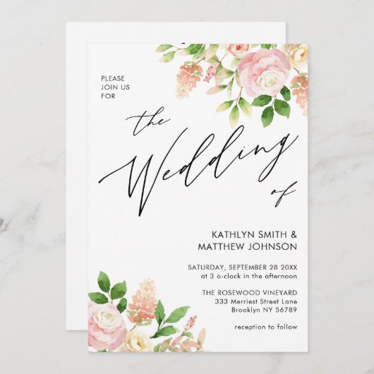 Invitation QR Code Tout en un rose rose Mariage de verdure (Devant / Derrière)