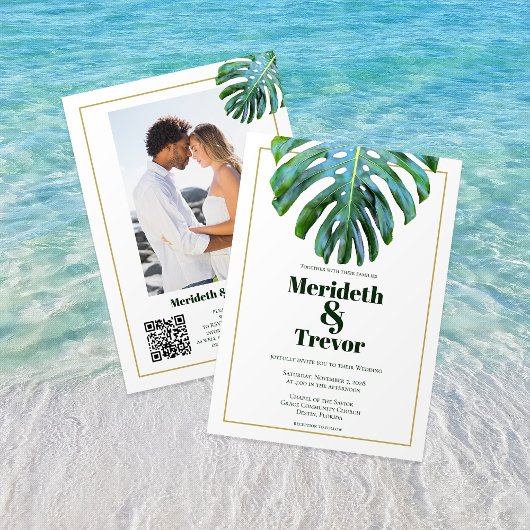 Invitation QR Code Tropical Feuilles Gold Photo Modern Beach