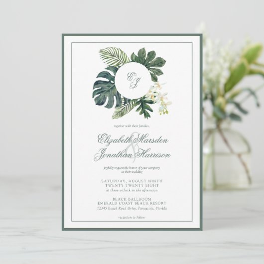Invitation QR Code Tropical Monstera Orchidées Monogramme Pho (Debout devant)