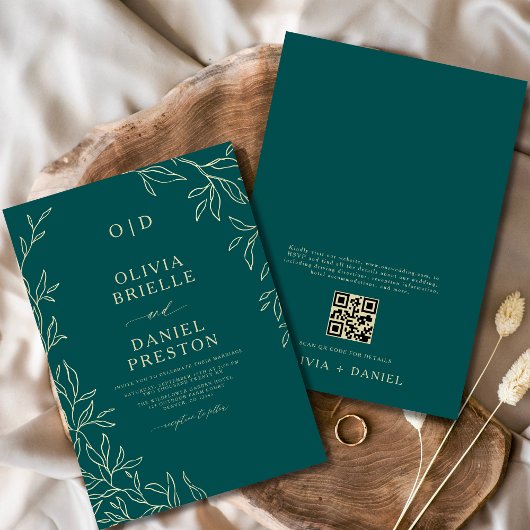 Invitation QR Code Turquoise vert et or minimal Mariage feuil
