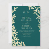 Invitation QR Code Turquoise vert et or minimal Mariage feuil (Devant)