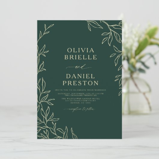 Invitation QR Code Vert Gold Minimal Mariage feuille (Debout devant)