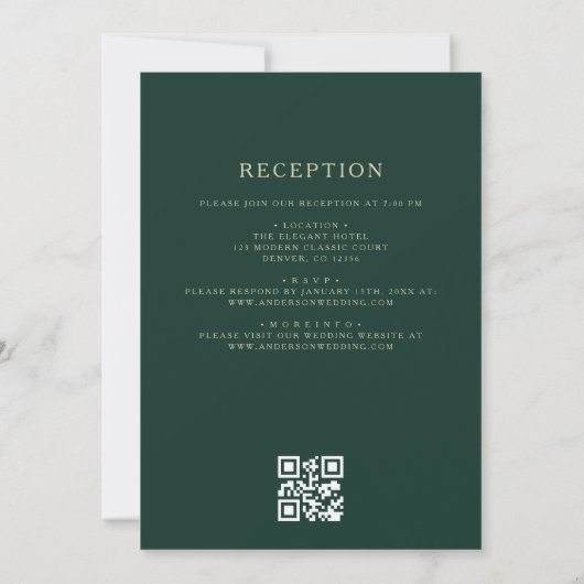 Invitation QR Code Vert Gold Minimal Mariage feuille (Dos)