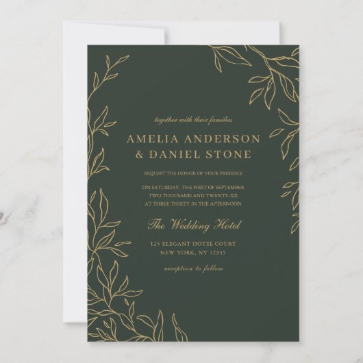 Invitation QR Code Vert Gold Minimal Mariage feuille (Devant)