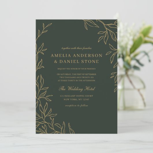 Invitation QR Code Vert Gold Minimal Mariage feuille (Debout devant)