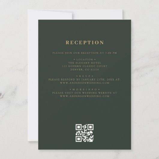 Invitation QR Code Vert Gold Minimal Mariage feuille (Dos)
