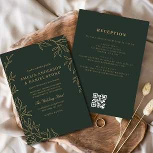 Invitation QR Code Vert Gold Minimal Mariage feuille